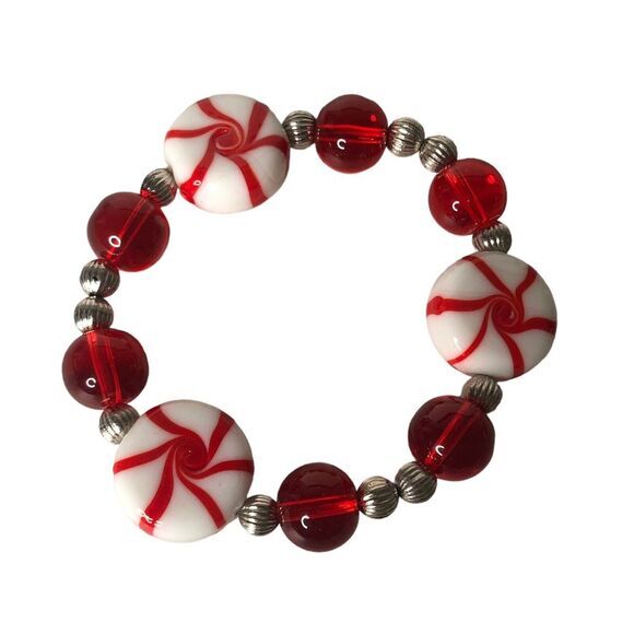 Candy Cane Beaded Stretch Bracelet Red White Festive Holiday Charm Jewelry - Picture 2 of 7
